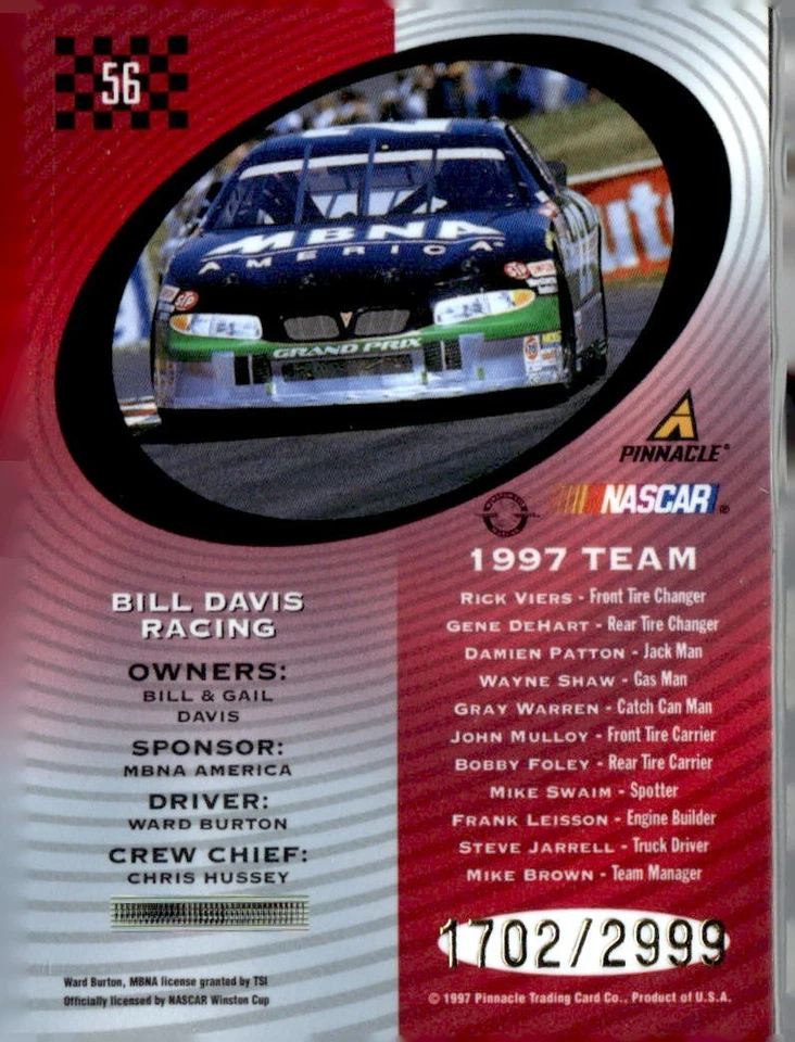 1997 Totally Certified Platinum Red Davis Racing Serial #1702/2999 Card #56 - Image 2 of 2