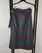 Vintage Wool Green Red Blue Plaid Midi A-Line Union Made Belted Medium Skirt