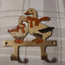 Vintage Old Brass Metal Enamel Duck Goose Geese Duckling wall hanging Hook Hang