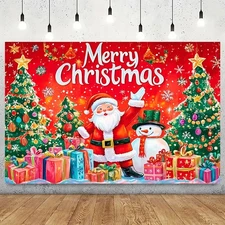 2D Flat, 2D Flat Print Polyester Christmas Background for Holiday Party, Santa a