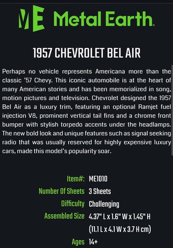 Metal Earth Kit: 1957 Chevrolet Bel Air - Steel Model - 1:49 Scale - Picture 5 of 6