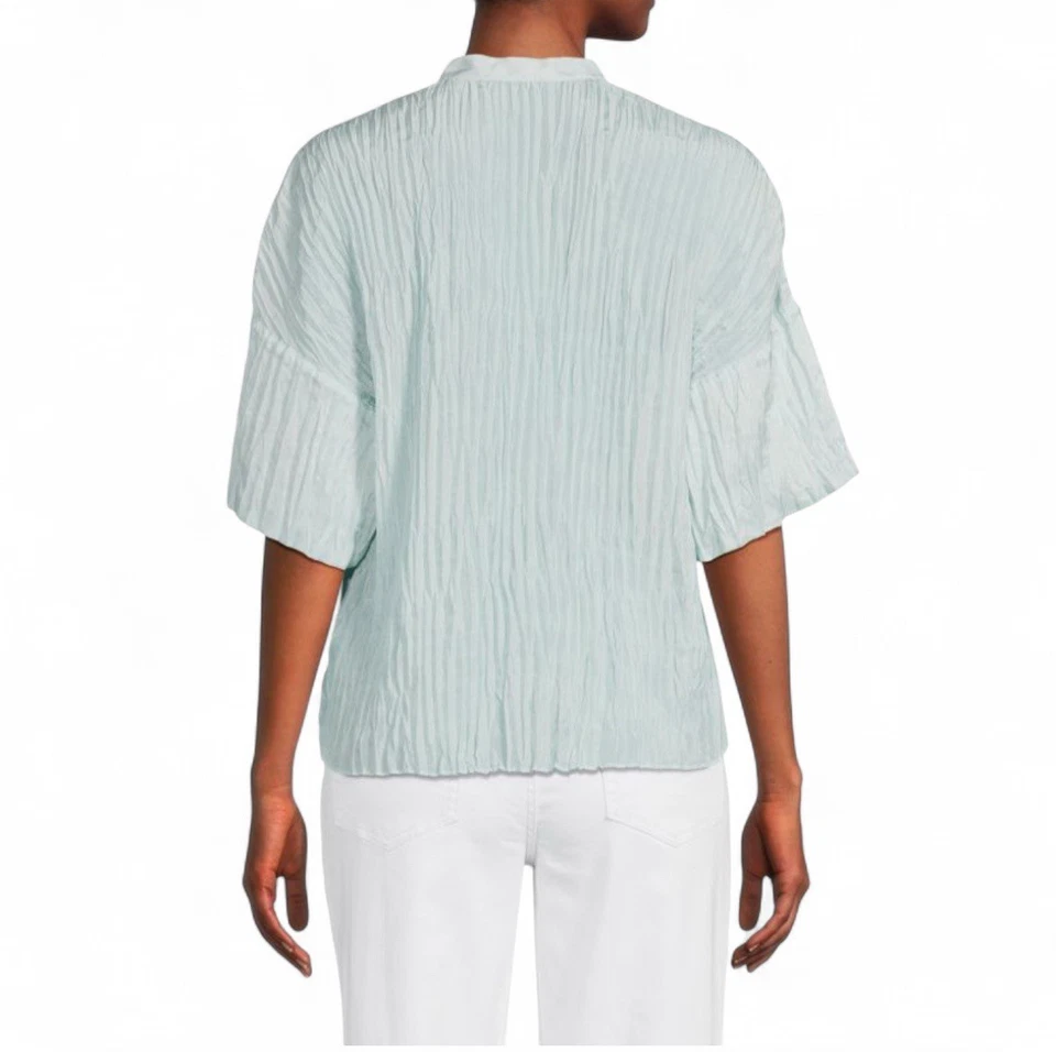 Blusa Top VINCE Para Mujer Pura Seda Aplastada Azul Cielo Mangas Cortas Talla 2X Foto 2 de 4