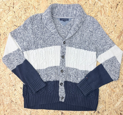 Tommy Hilfiger Knit Jumper XL Grey Cable Knit Cardigan Knit Vintage