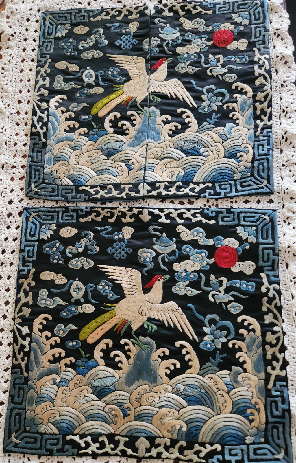 Antique Chinese Embroidered Mandarin Square Textile Pheasant Civil Rank Badge 2p