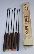 Vtg Stainless Steel Fondue Forks Set of 6 w/ Wood Handles Color Coded NEW in BOX