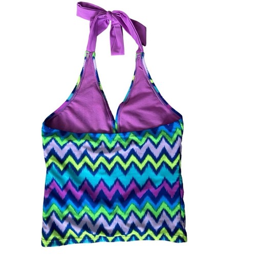 Justice Swim Tops (2) Tankini Ruffle Tie Dye Geometric Neck Tie Girls Size 8 - Picture 3 of 8
