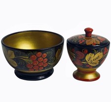 2 Vintage Russian Folk Art Khokhloma Open Bowls Lacquered Wood 4.5”
