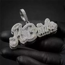 3.10Ct Round Cut Real Moissanite Men's Custom Name Pendant 14K White Gold Plated