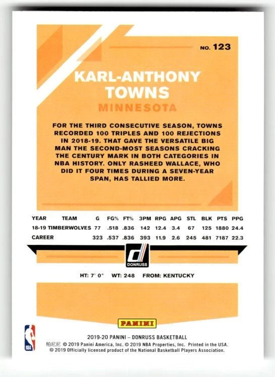 2019-20 Donruss #123 Karl-Anthony Towns - Image 2 of 2