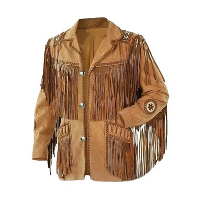 Men Western Suede Leather Fringe Jacket Cowboy Bead Boho Festival Native america