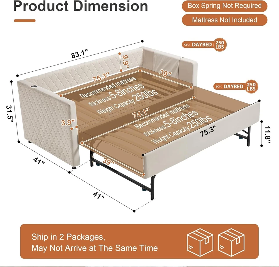 83" Upholstered Twin Size Daybed with Pop Up Trundle to King Day Bed w/USB Port - Image 2 of 4