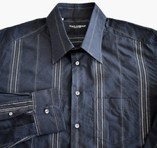 DOLCE&GABBANA Black/Silver-Striped Men's Slim Fit Dress Shirt Size 17.5/44