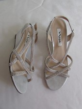 Woman Nina Nadette Silver Rhinestone Straps Wedge Dressy Sandals 2.75" Heel Sz 8