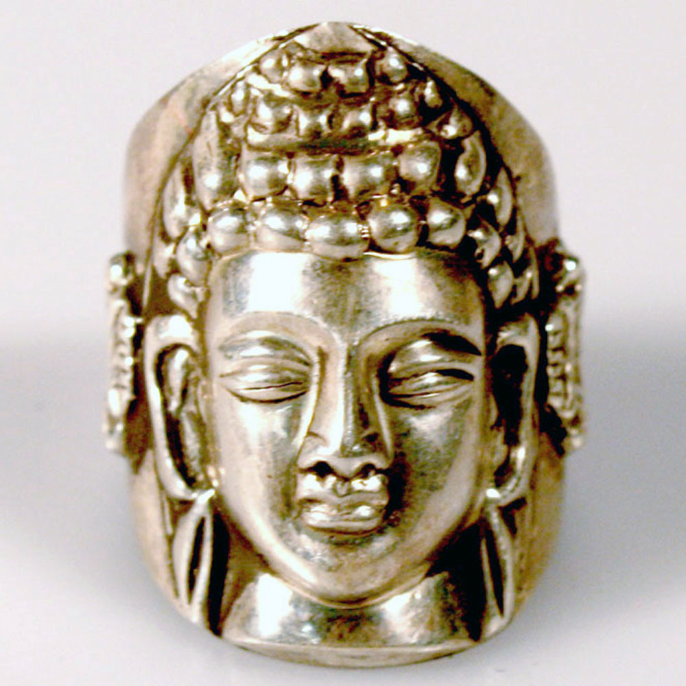 JUNTEN 990 Sterling Silver Buddha Head Ring - Sakyamuni Tibetan Buddhist Ring For Men & Women, Adjustable Size 6-14, Vintage Thai Silver Craft