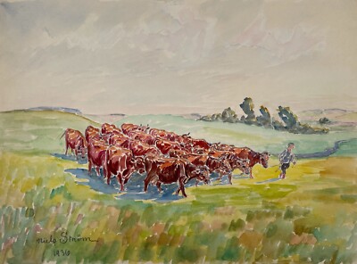 Impressionist Niels Ström 1881 Summer Landscape With Herd of Cows & Shepherd