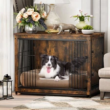 Retro Wood Dog Crate Metal Kennel Side Table Furniture for S M L XL Jumbo Dogs