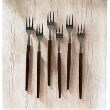 Ekco Eterna Canoe Muffin Cocktail Seafood 6 Forks Stainless w/ Wood Handle