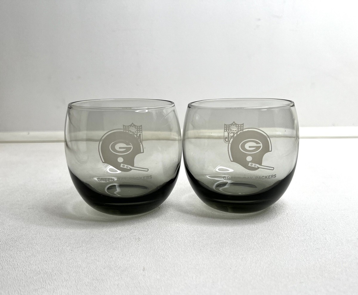 Set Of 2 Vintage Green Bay Packers Round Cocktail Low Ball Gray Whiskey  Glasses