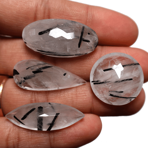 4 PC Natural Tourmaline Rutile Quartz High Grade 22mm-33mm Faceted Cut Gemstones - Picture 9 of 13