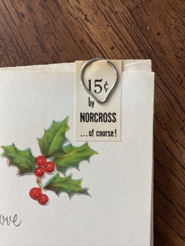Tarjeta de felicitación de Navidad vintage Holly Gold Accents Norcross sin usar ¡con etiqueta de precio! - Imagen 4 de 7