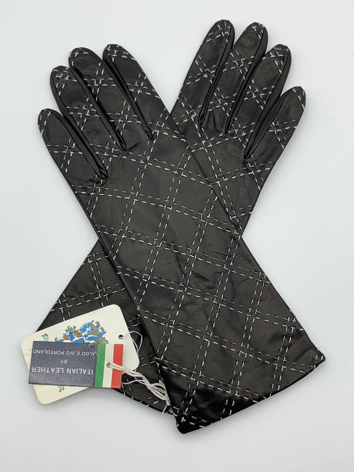 Portolano Nappa Gloves Black Quilted Soft Leather Lambswool Lined Size 7 NWT