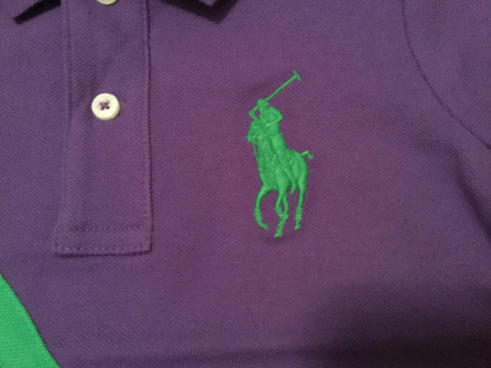 NUEVO CON ETIQUETAS Ralph Lauren Niñas 5 Big Pony Polo Manga #2 Púrpura Verde Carrera Rayas Foto 2 de 4
