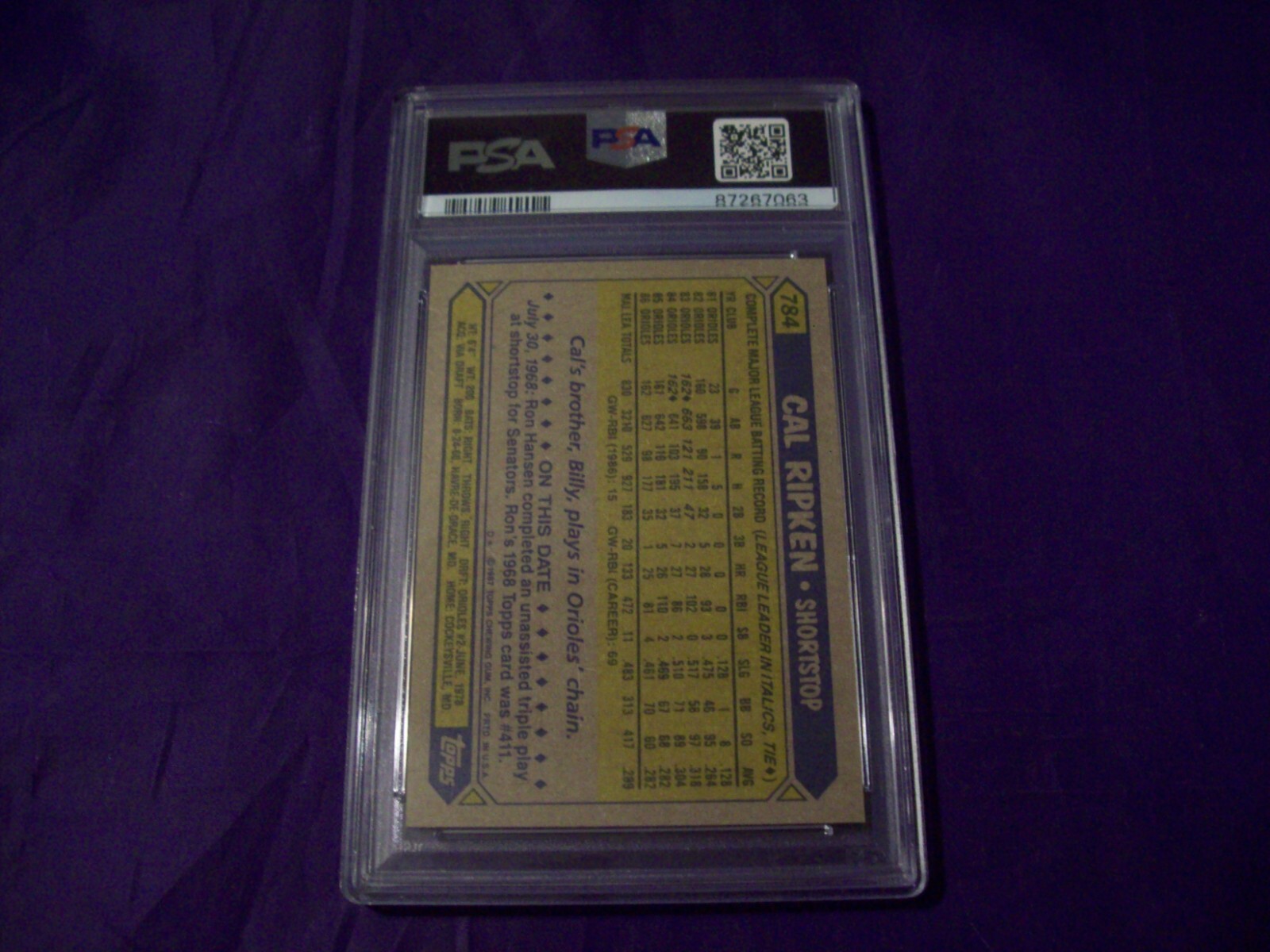 1987 TOPPS #784 CAL RIPKEN JR. PSA 9 view 2