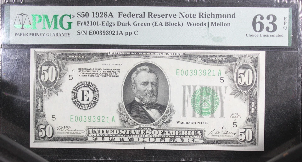 1928 CU63 Federal Reserve Richmond Note 50$ Note, PMG, SN E00393921A - Image 3 of 4