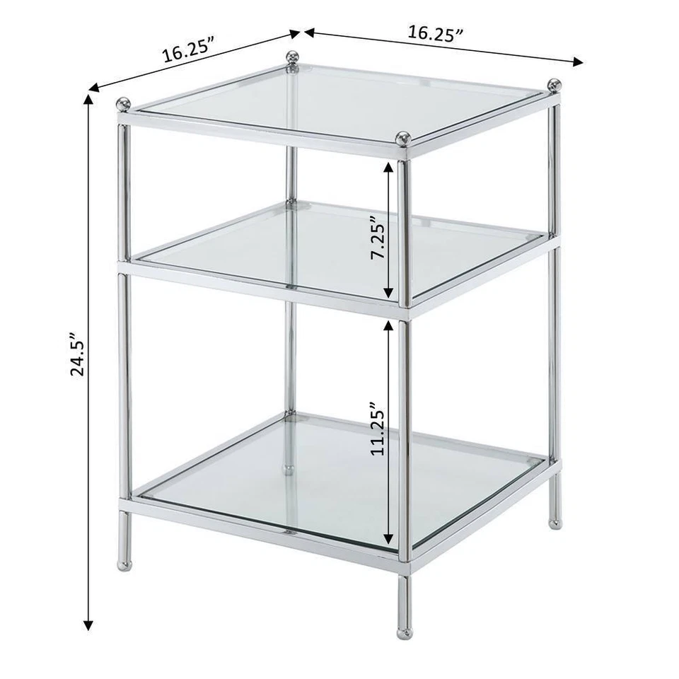 End Table 16.25 in. Chrome Frame Standard Height Square Glass Top 3-Tier Shelves - Image 3 of 4