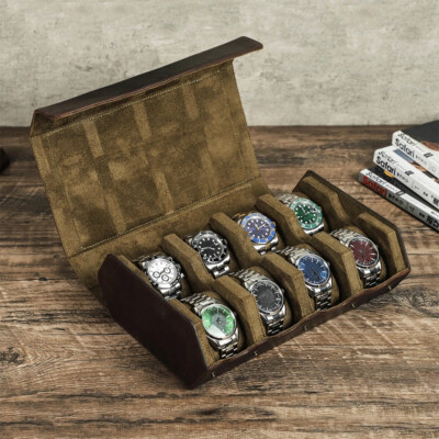 Genuine Leather 8 Slots Watch Roll Travel Case Vintage Watches
