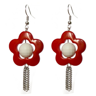 Damen Ohrringe Manga Kawai Cosplay 80er Rot Kette Silber