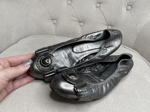 BURBERRY LEATHER Metallic Silver Gray Black FLAT BALLERINA SHOES SIZE 37 US 7 - Picture 2 of 8