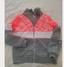 Girls Juniors Grey Hoodie w Orange and White inserts "Love" size M