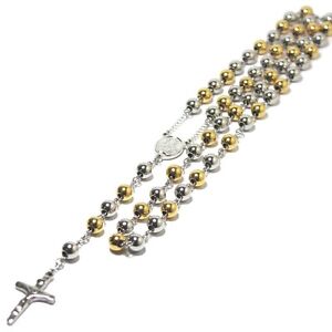 Men-039-s-Chain-Gold-Silver-Tone-Bead-Rosary-Stainless-Steel-Cross-Pendant-Necklace