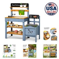 Mud Kitchen for Kids Outdoor Wooden Play Kitchen with Planter Box Sink Faucet