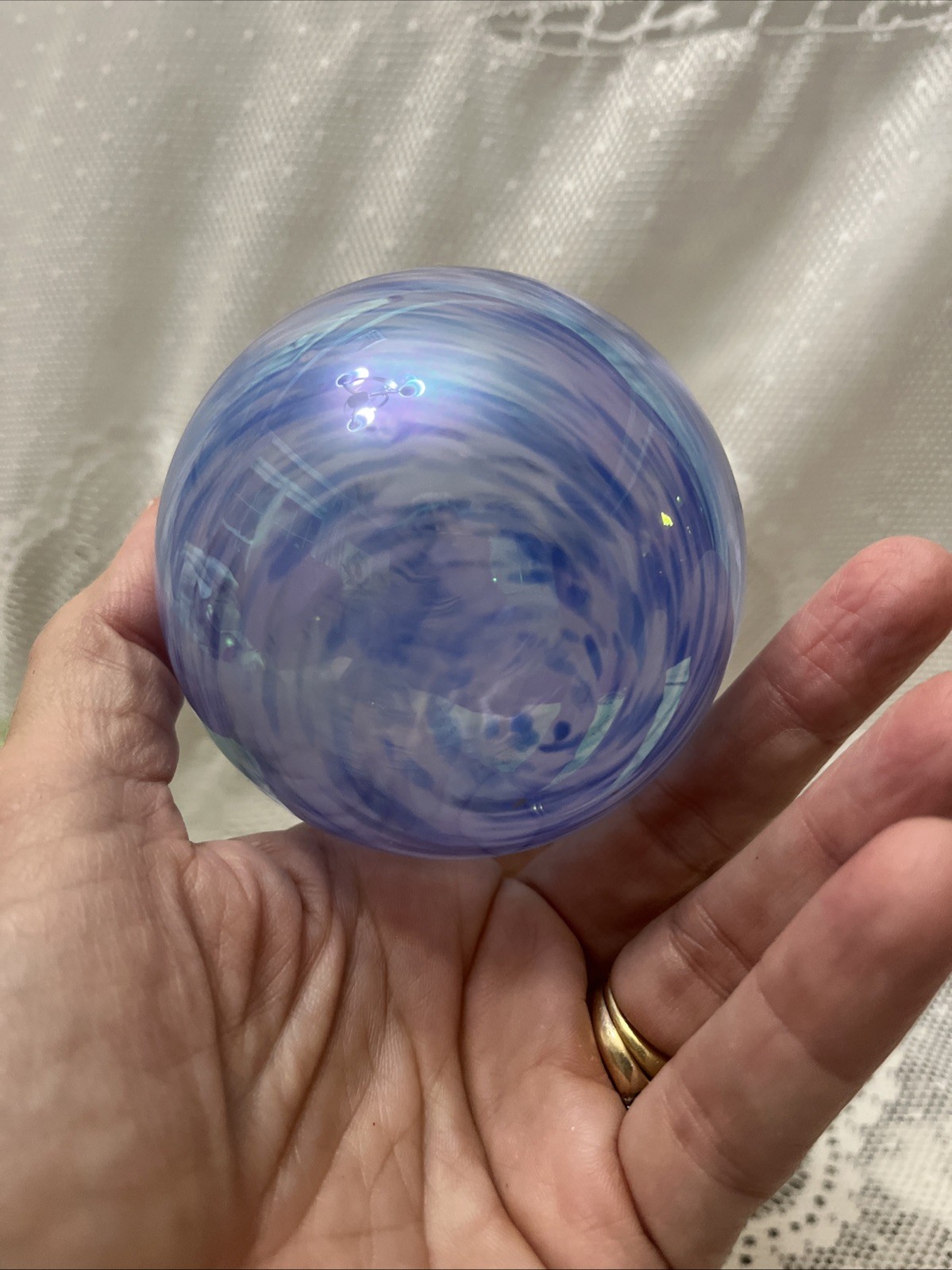 Hand Blown Glass Orb Witch Ball Sun Catcher Ornament  Poland Iron Art Blue Lot 2