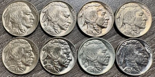 1913-1938 P&D GEM UNCIRCULATED Buffalo Nickel Collection 5C, 8 Coins Total