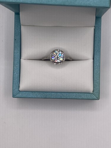 Fire & Brilliance 14K White Gold 2ct Moissanite Halo Ring Size 8