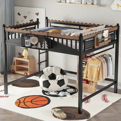 Queen Size Metal Loft Bed w/Storage Shelves,Ladder,Guardrails, Black Bed Frame