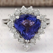 5.80Ct Trillion Cut Natural Tanzanite and Diamond Ring Real 14K Solid White Gold