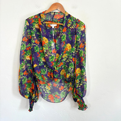 Caroline Costas Bette Blouse Top Women Sz XXS Blue Summer Floral Silk Sheer New