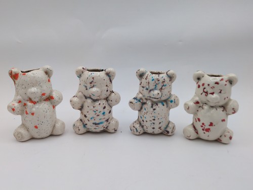 4 Vintage Ceramic Teddy Bear Macrame Beads White Colored Specks