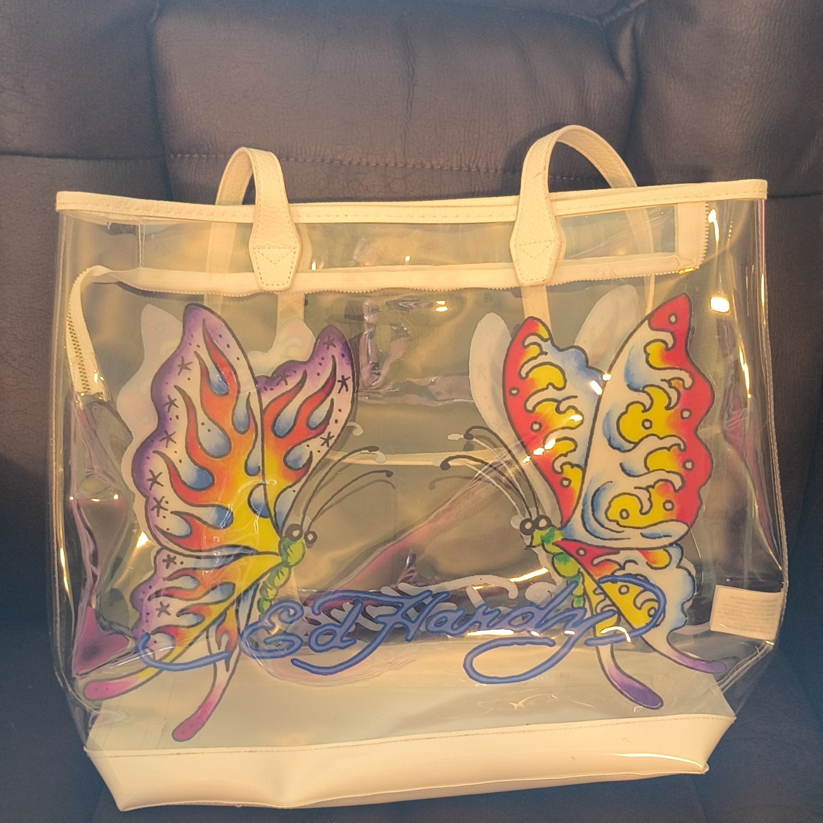 Ed Hardy Clear Butterfly Tote Bag, Zip Closure, White Double Handles