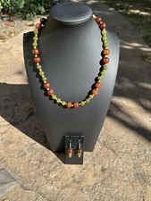 Beaded Necklace and Earrings Set, Brown And Green, 18 Inch
