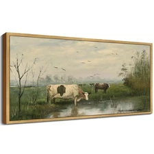 Vintage Landscape Framed Wall Art 20x40in Large Cow Farm Dairy Cattle Classic...
