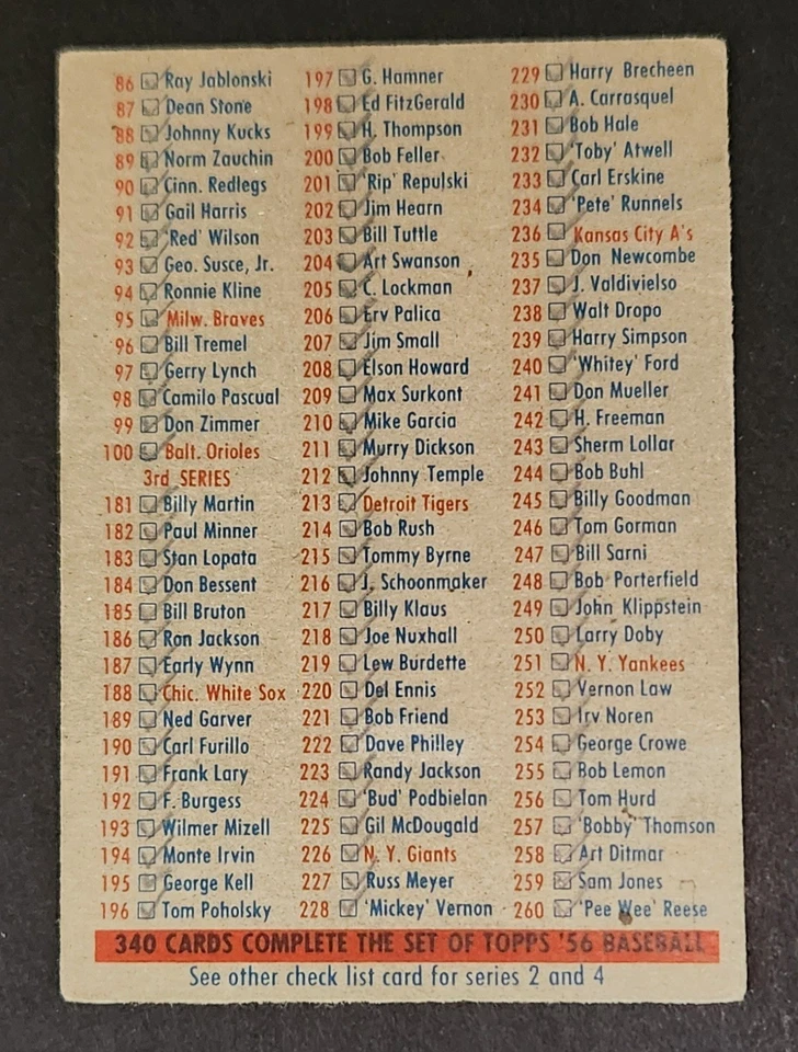 1956 Topps Baseball #NNO Checklist 1/3 1st/3rd Series G-VG MARKED Low Shipping - Image 2 of 2