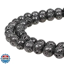 MJDCB Electroplate Black Natural Volcanic Lava Stone Round Loose Stone Beads 