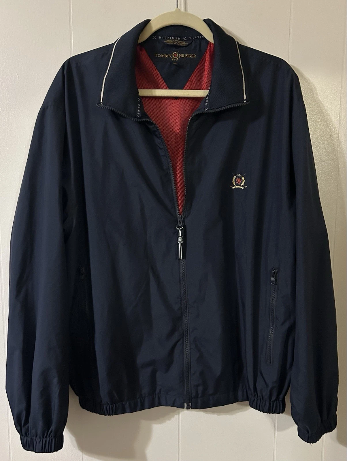 Vtg Tommy Hilfiger Golf Mens Windbreaker Jacket M Navy Sports Crest Logo Retro