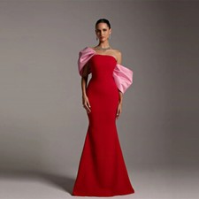 Red Mermaid Evening Dresses Cap Sleeves Soft Satin Prom Gowns Party Dress