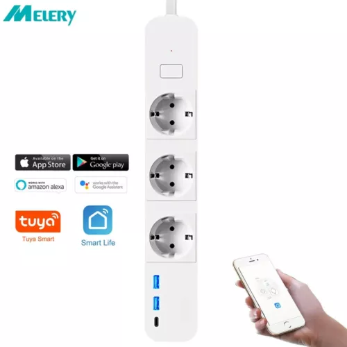 Melery EU Wifi Smart Home Power Strip 3 AC Outlets USB Type-C Socket Plug 1.8M